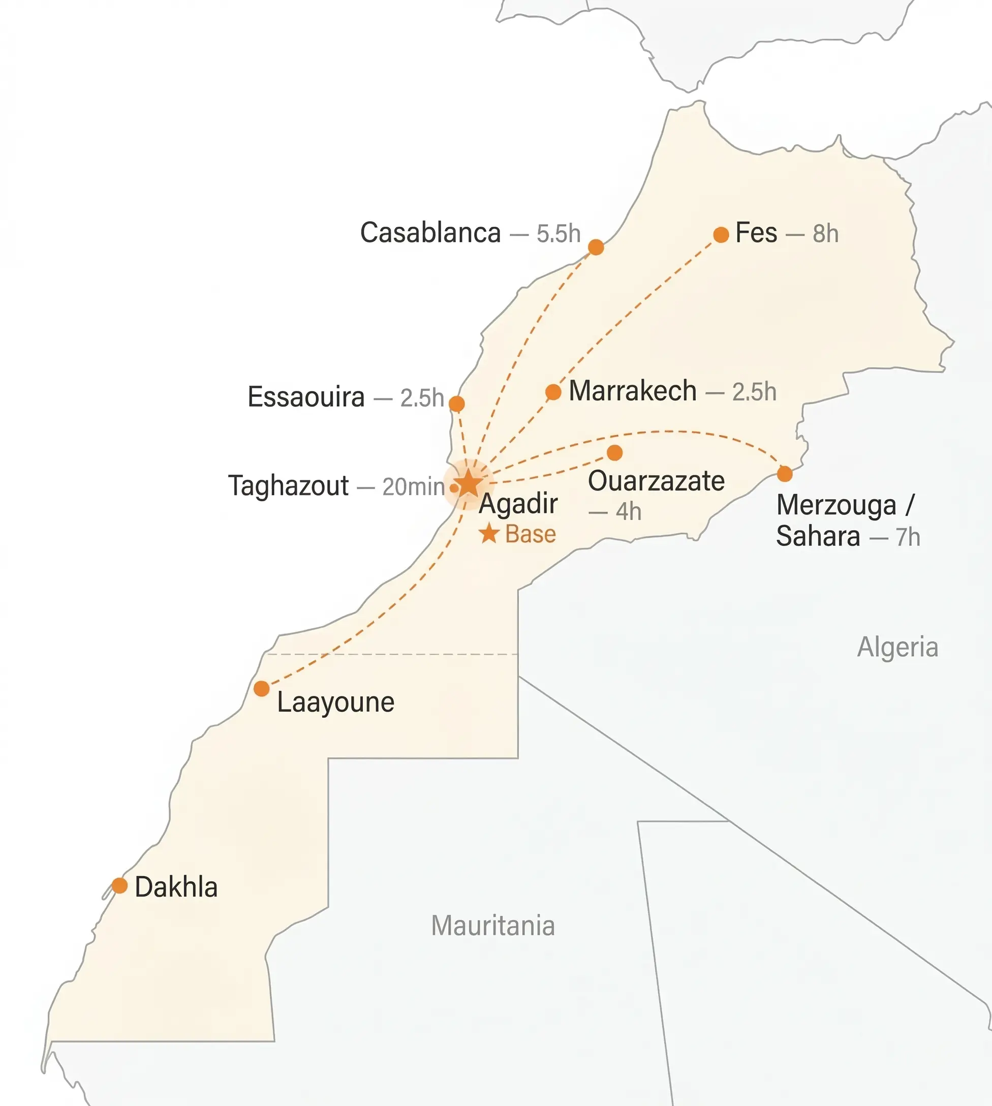 Morocco road trip map from Agadir car rental destinations
